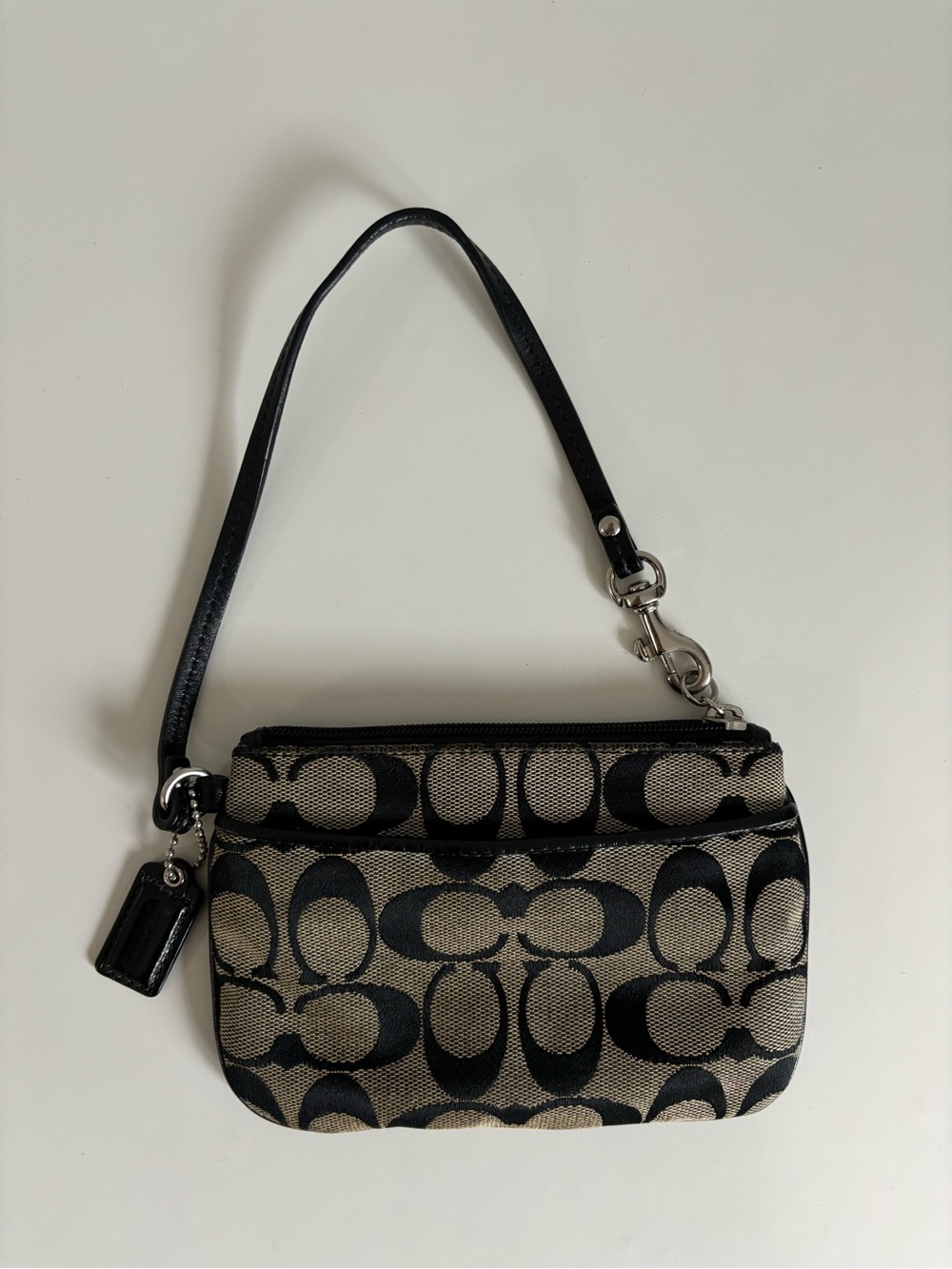 Coach Black and Tan Signature Canvas Wristlet with Leather Strap